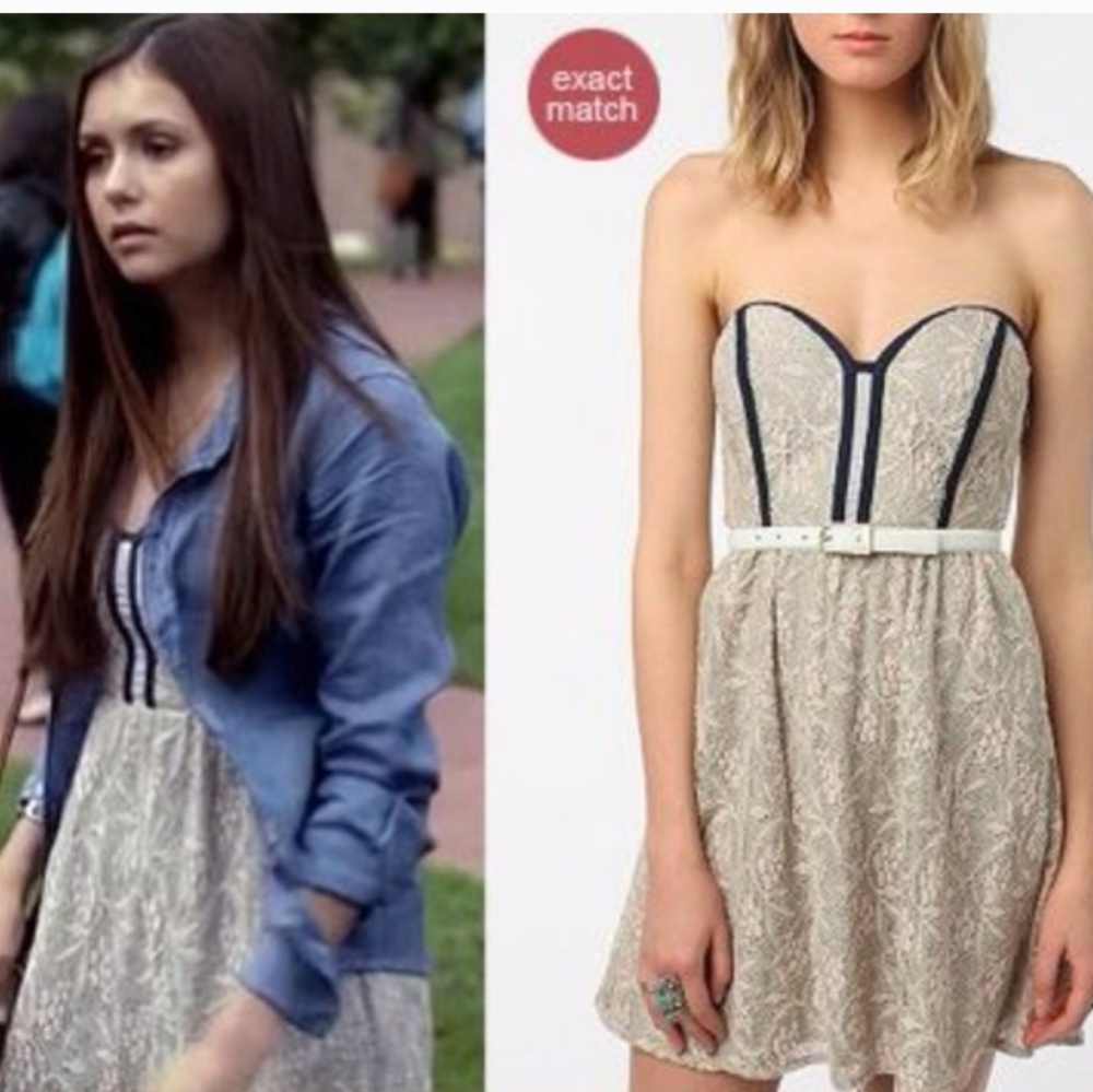 Cream dress with blue stripes on the top